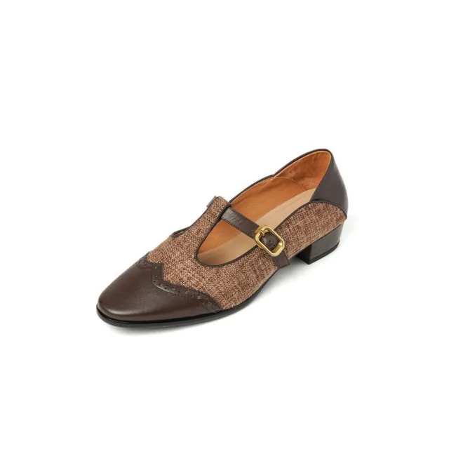 Pumps Women's Low cut Chunky Heel Mary Jane Stitching T strap Brown - Shop at LoveMi
