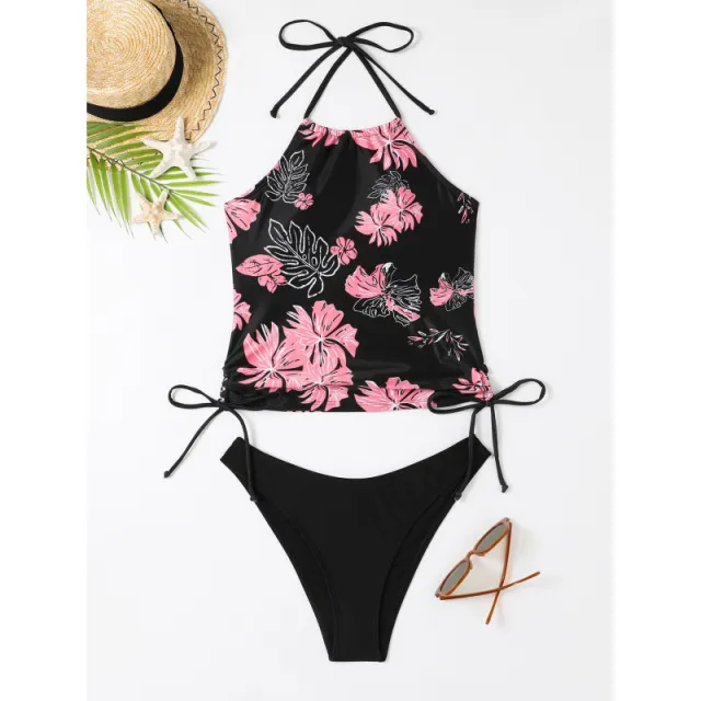Printed Halter neck Drawstring Backless Quick drying Swimsuit Black - Shop at LoveMi