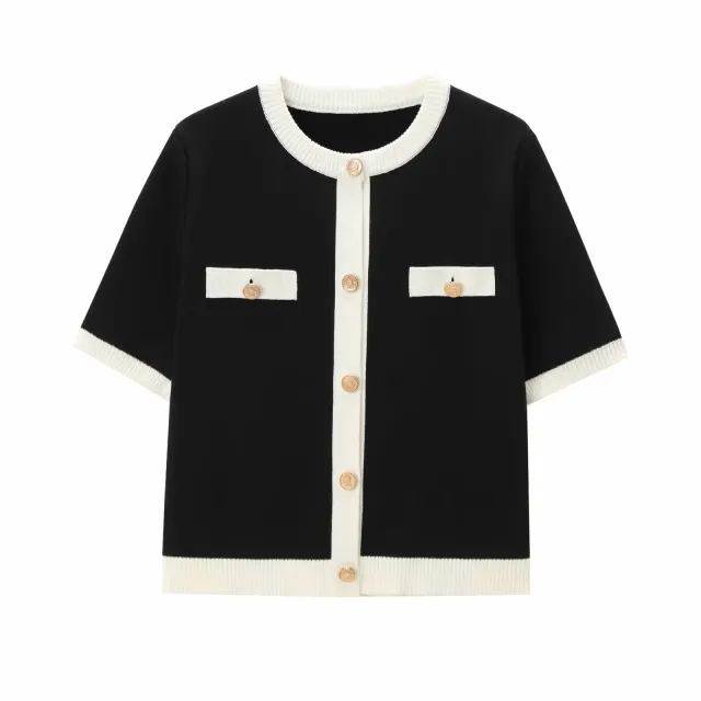 Fashion Color Contrast Round Neck Short Sleeve Knitted Cardigan Black - Shop at LoveMi