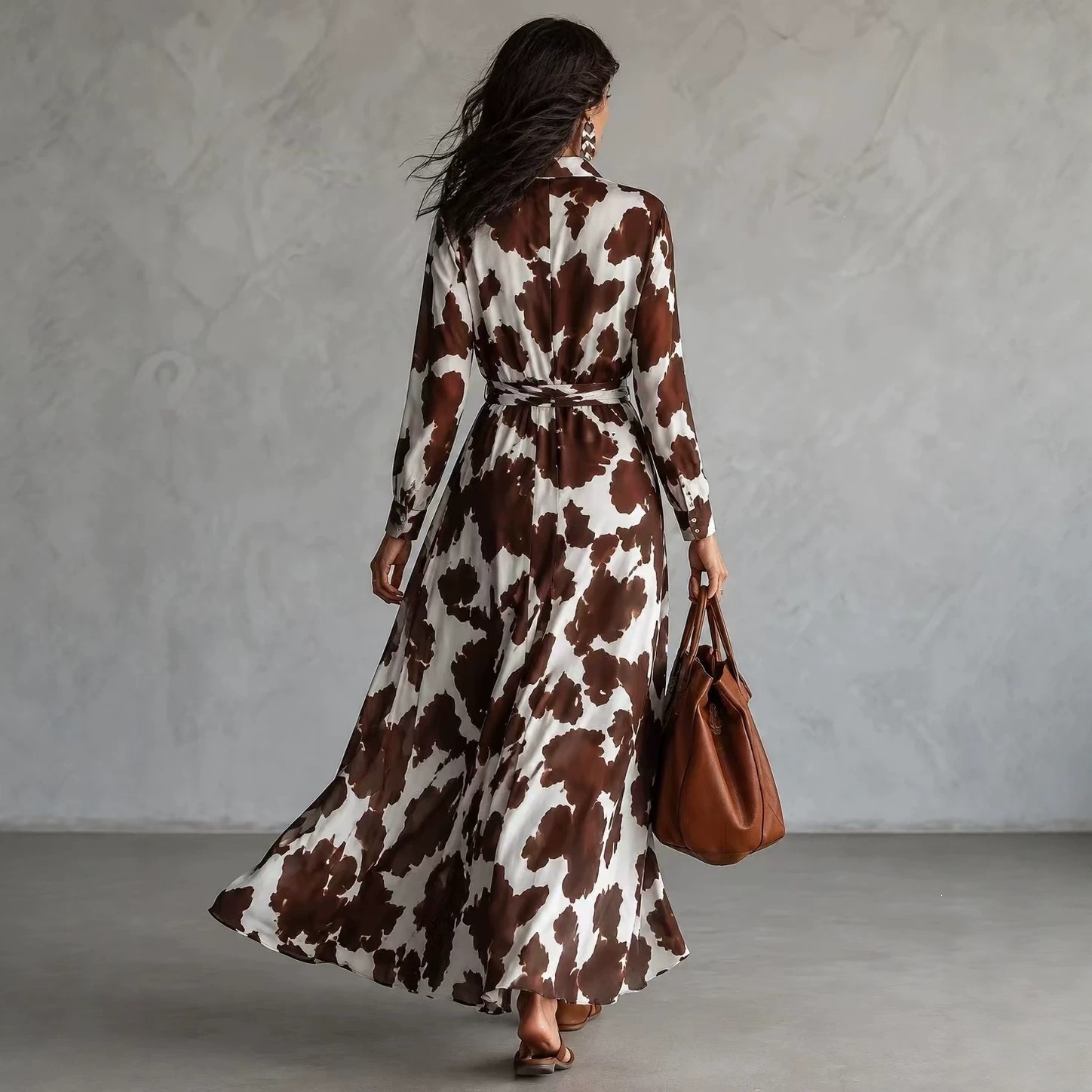 Cow Patterned Long Sleeved Shirt With Waist Cinching And Large Swing Long Dress For Women