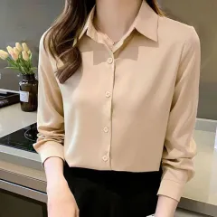 Women's Checkered Vintage Satin Shirt - Open Buckle Apricot - View 1