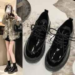 Plus Size Platform Lace-up Loafers Leather Shoes For Women - Black - View 1