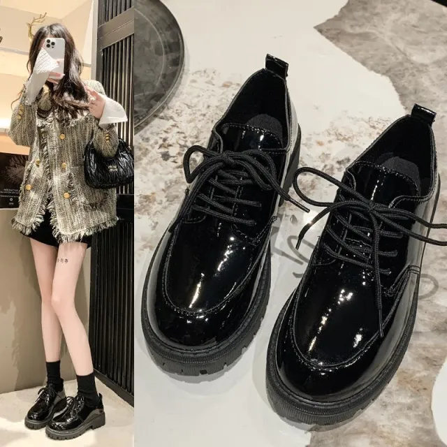 Plus Size Platform Lace up Loafers Leather Shoes For Women Black - Shop at LoveMi