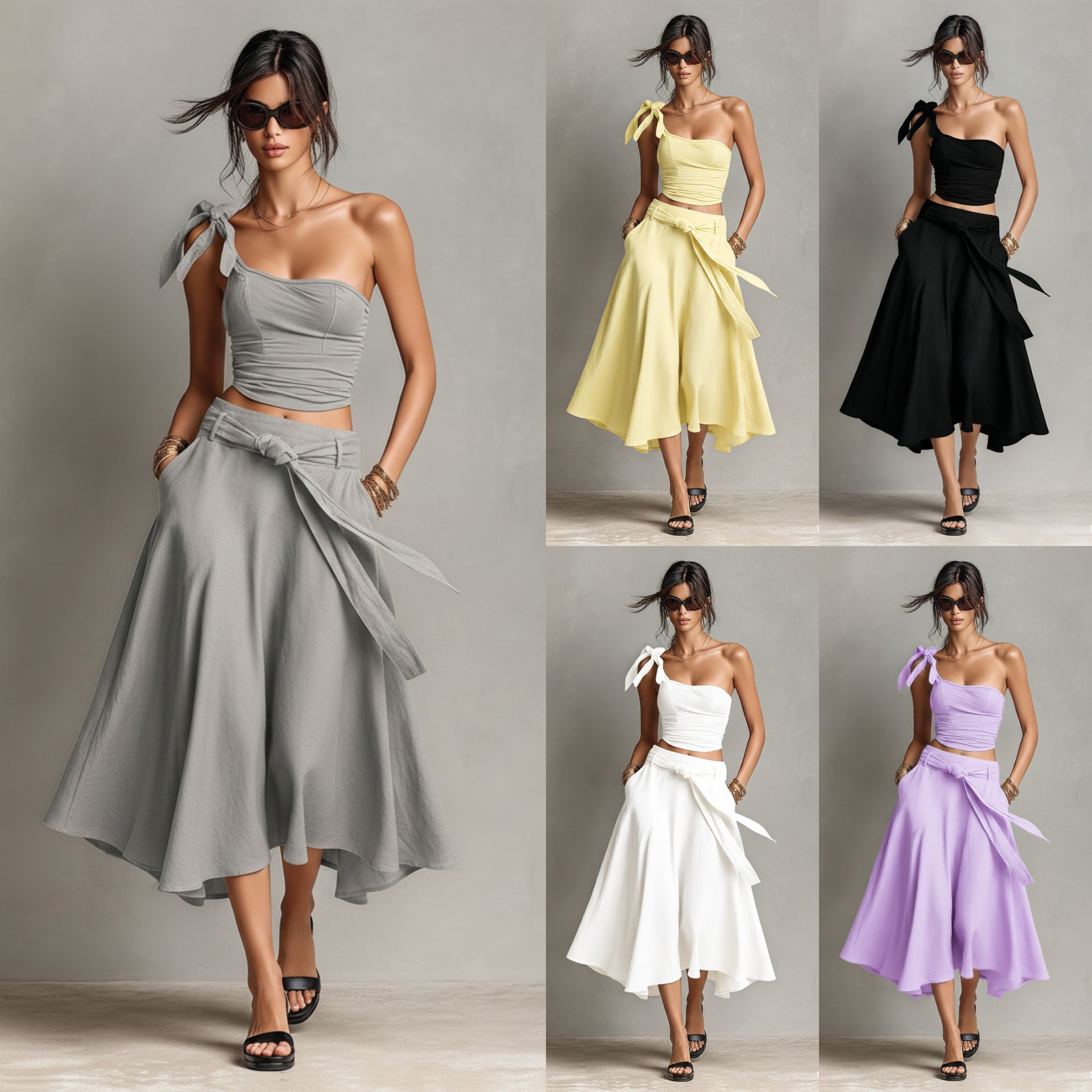 Off-Shoulder Strap Top With Slanted Shoulders High-Waisted A-Line Long Skirt Womens Set