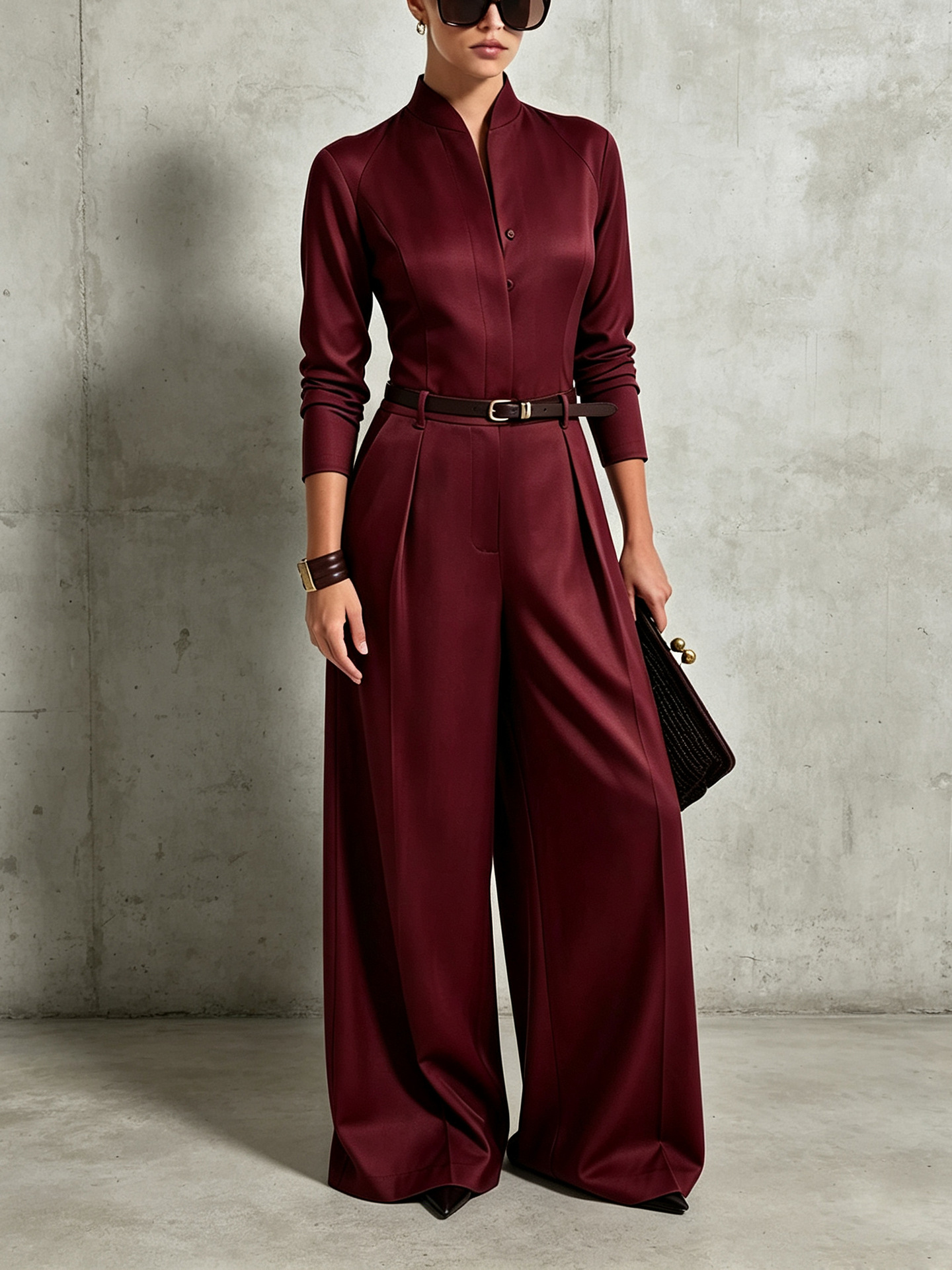 High-end Womens Jumpsuit With A Stand-up Collar And Long Sleeves