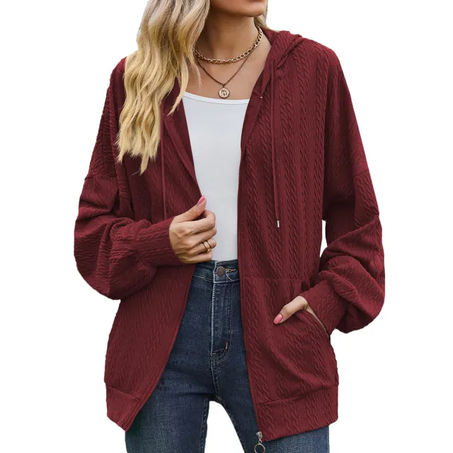 Women's Fashion Solid Color And V neck Zipper Loose Sweater Coat Red - Shop at LoveMi