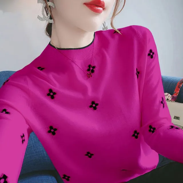 Slim Fit Plus Size Bottoming Shirt Korean Style Long Sleeve Knitted Rose - Shop at LoveMi