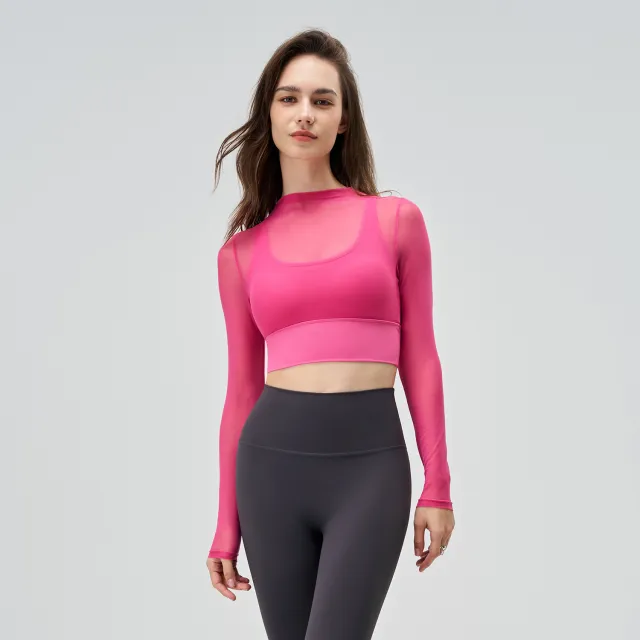 Exercise Mesh Slimming T shirt Women's Summer Round Neck Quick drying Long Sleeve Sexy Thin Long Sleeve Yoga Clothing Top Pink - Shop at LoveMi