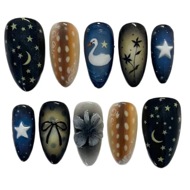 Women's Star Moon Swan Bow Flower Nail Tip Wm246 Star Moon Swan - Shop at LoveMi