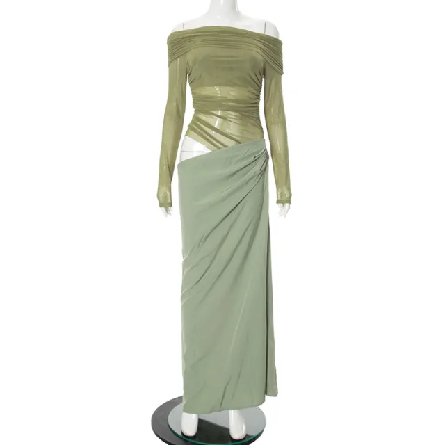 Long Sleeve Off shoulder Sexy Sheath Stitching Length Dress Green - Shop at LoveMi