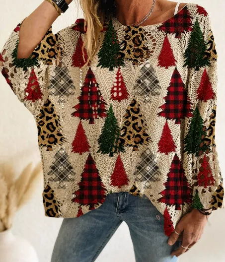 Bat Loose Off shoulder Boat Neck Diamond Hollow out Contrast Color Christmas Print Knitted Sweater Pattern 7 - Shop at LoveMi