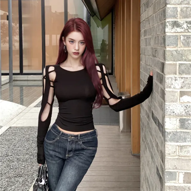 Long sleeved Off shoulder Cropped Hollow out Women's Black T shirt Black Top - Shop at LoveMi