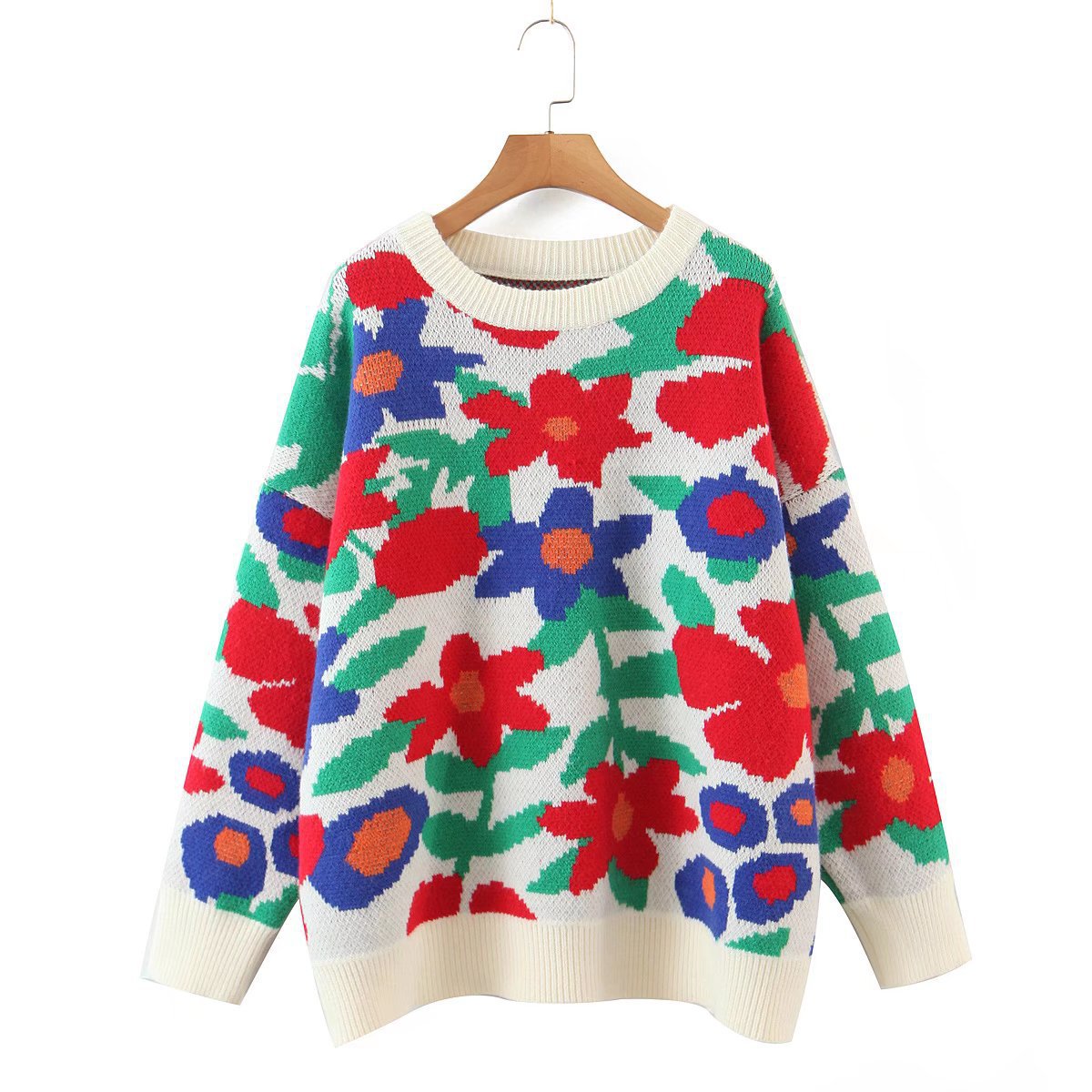 Women's Fashion Embroidered Crew Neck Loose fitting Long Sleeve Sweater White - Shop at LoveMi