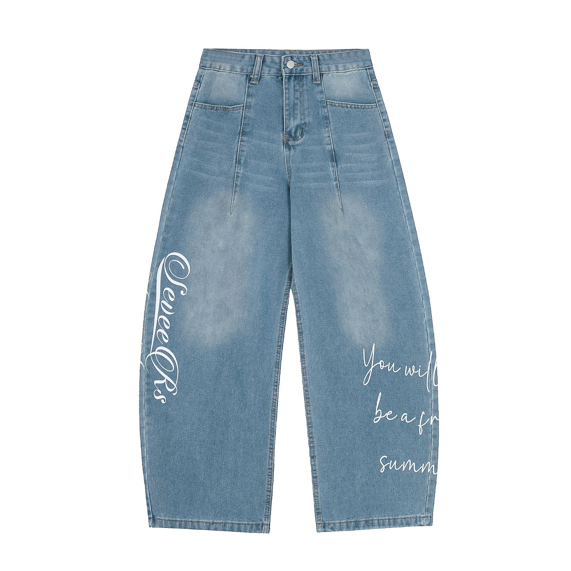 Korean-style Light-wash Wide-leg Denim Jeans For Women