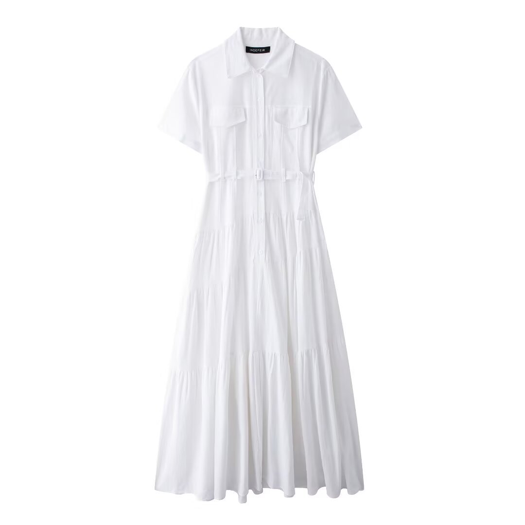 European And American Style With Belt Shirt Stitching Dress White - Shop at LoveMi