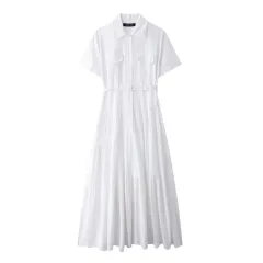 European And American Style With Belt Shirt Stitching Dress - White - View 1
