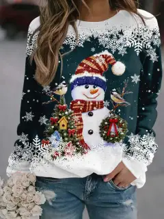 Women's Christmas Snowman Print Top - 6 Colour-S - View 1