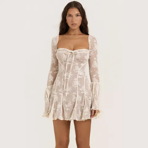 Lace Square Collar Dress Bell-bottom Long Sleeve Tied A-