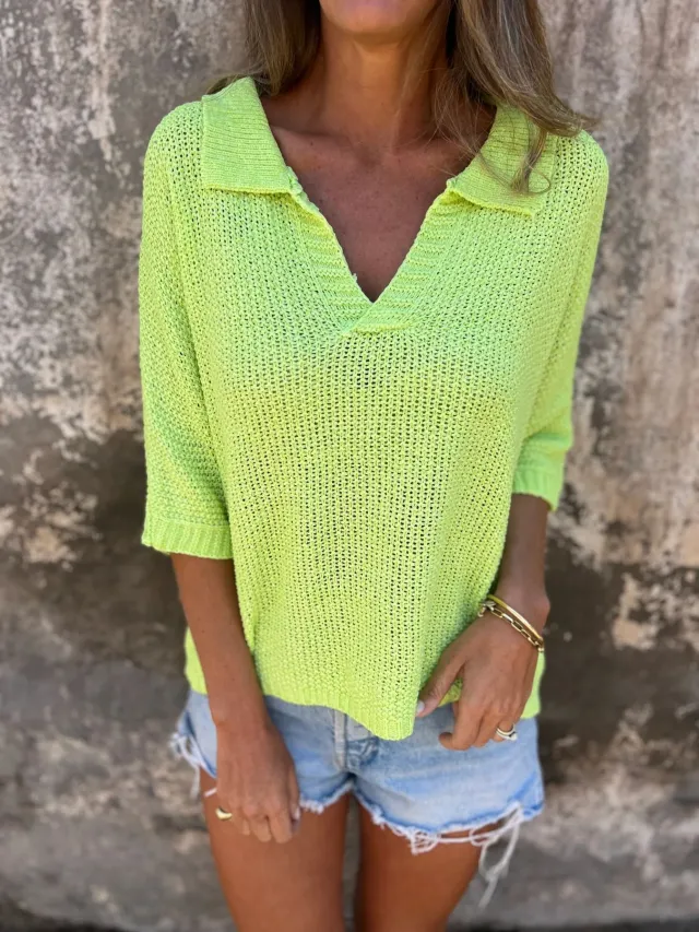 European And American Lapel Knitwear Three quarter Sleeve Solid Color Bottoming Shirt For Women Green - Shop at LoveMi