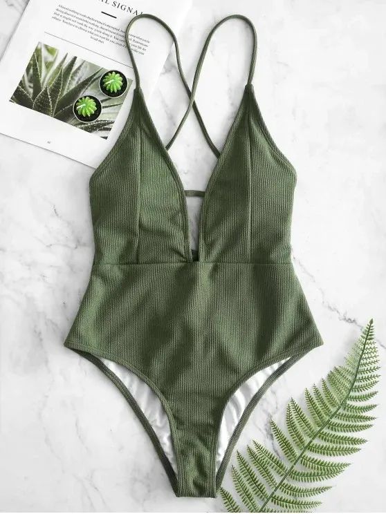 Solid Color Bikini Conservative Hot Spring Backless Lace Up One-piece Swimsuit Ladies - Olive