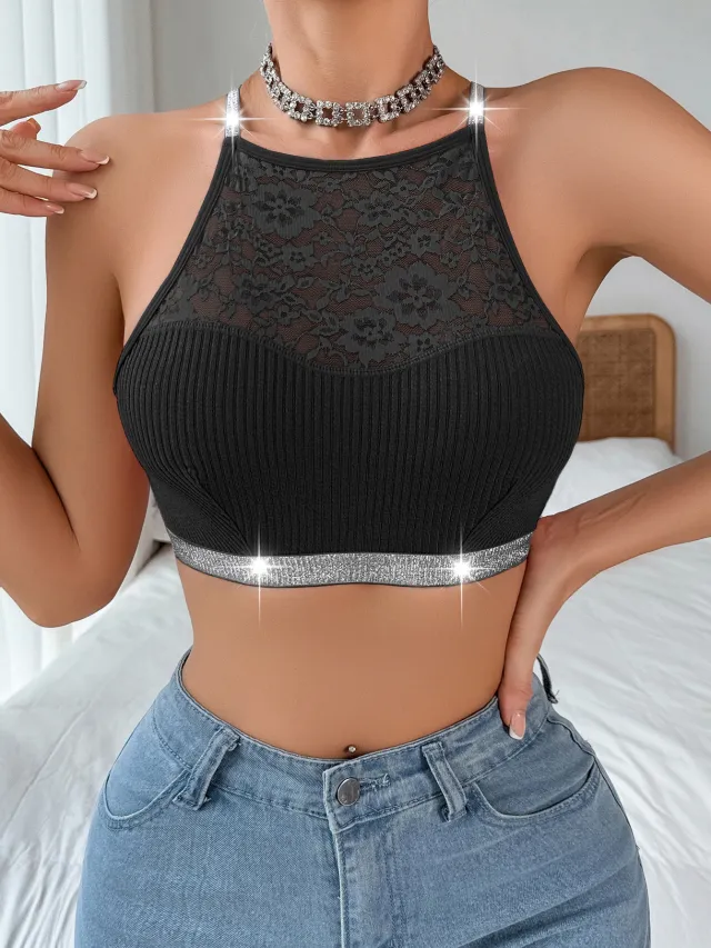 Stitching Halter Silver Ribbon Vest Black - Shop at LoveMi