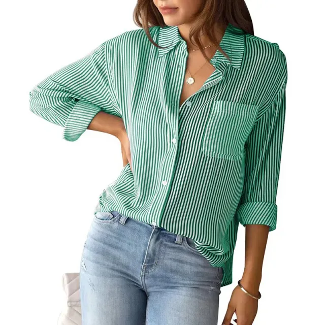 Women's Striped Loose Casual Cardigan Top Green - Shop at LoveMi