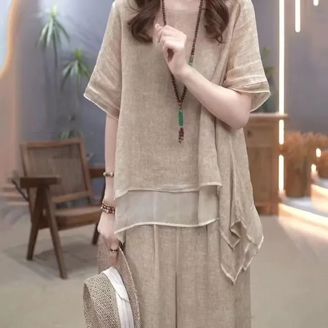 Retro Tencel Cotton And Hemp Set For Women Khaki Single Blouse - Shop at LoveMi