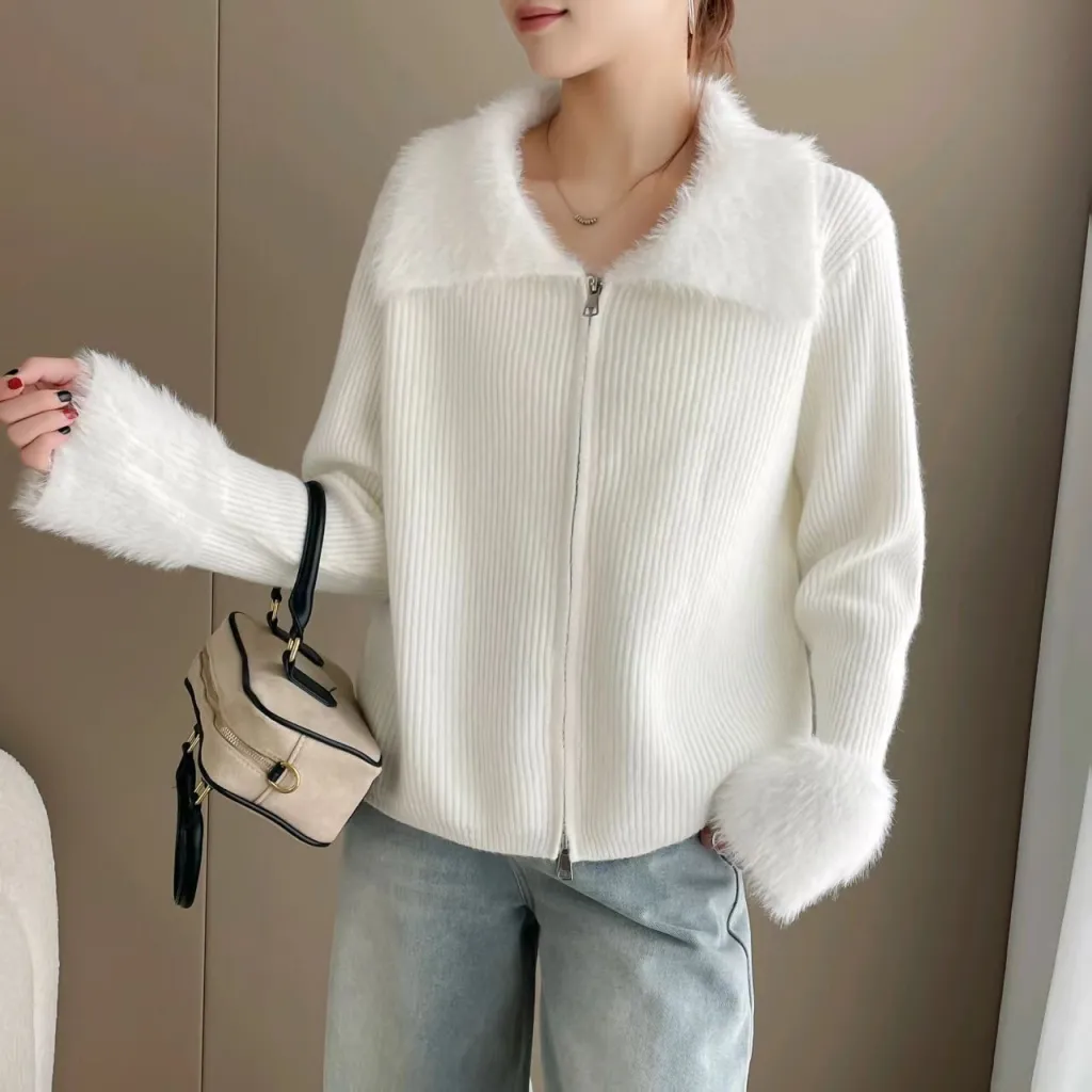 Korean Style Double Zipper Lapel Patchwork Cuff Sweater - White