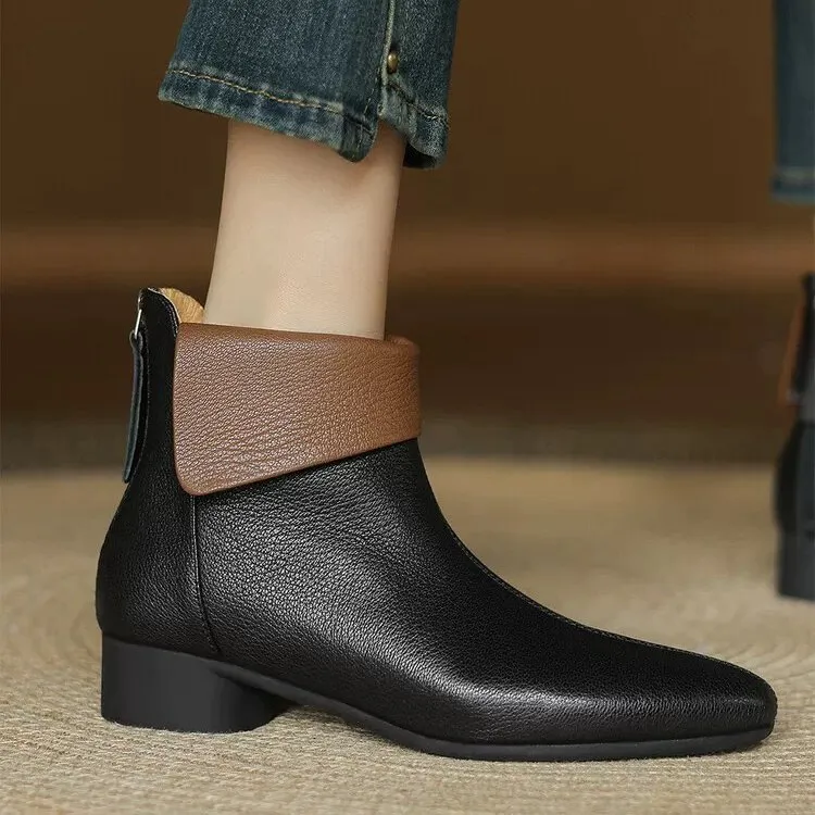 Women's Versatile Single-layer Cotton-lined French-style Martin Boots - Black
