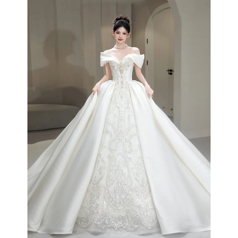 Women's Off shoulder Satin Maternity Dress White Floor Length - Shop at LoveMi