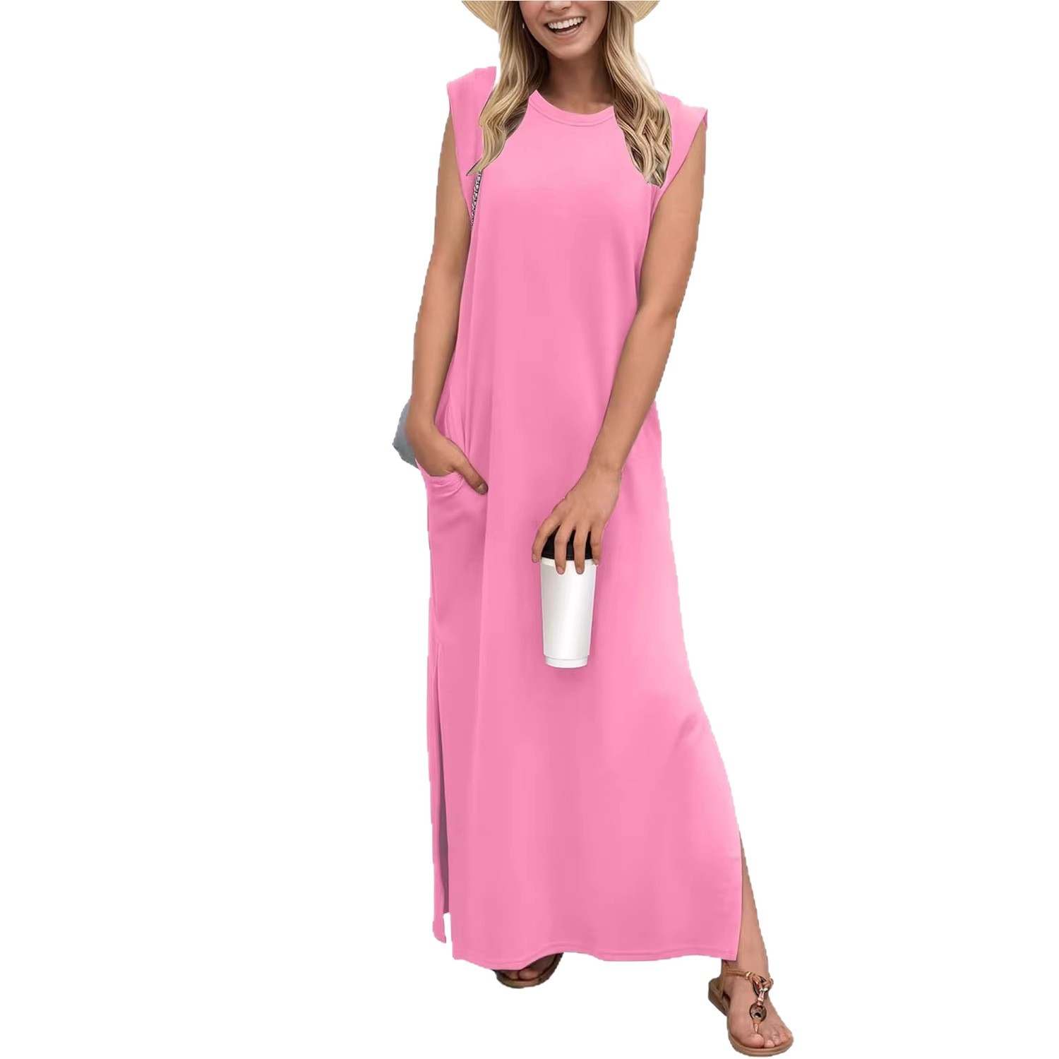 Women's Round Neck Raglan Sleeve Pocket Long Dress 5