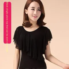 Square Dance Clothing Mesh Round Neck Latin Dance Dancing Practice Clothes - Black Short Sleeve Top - View 1