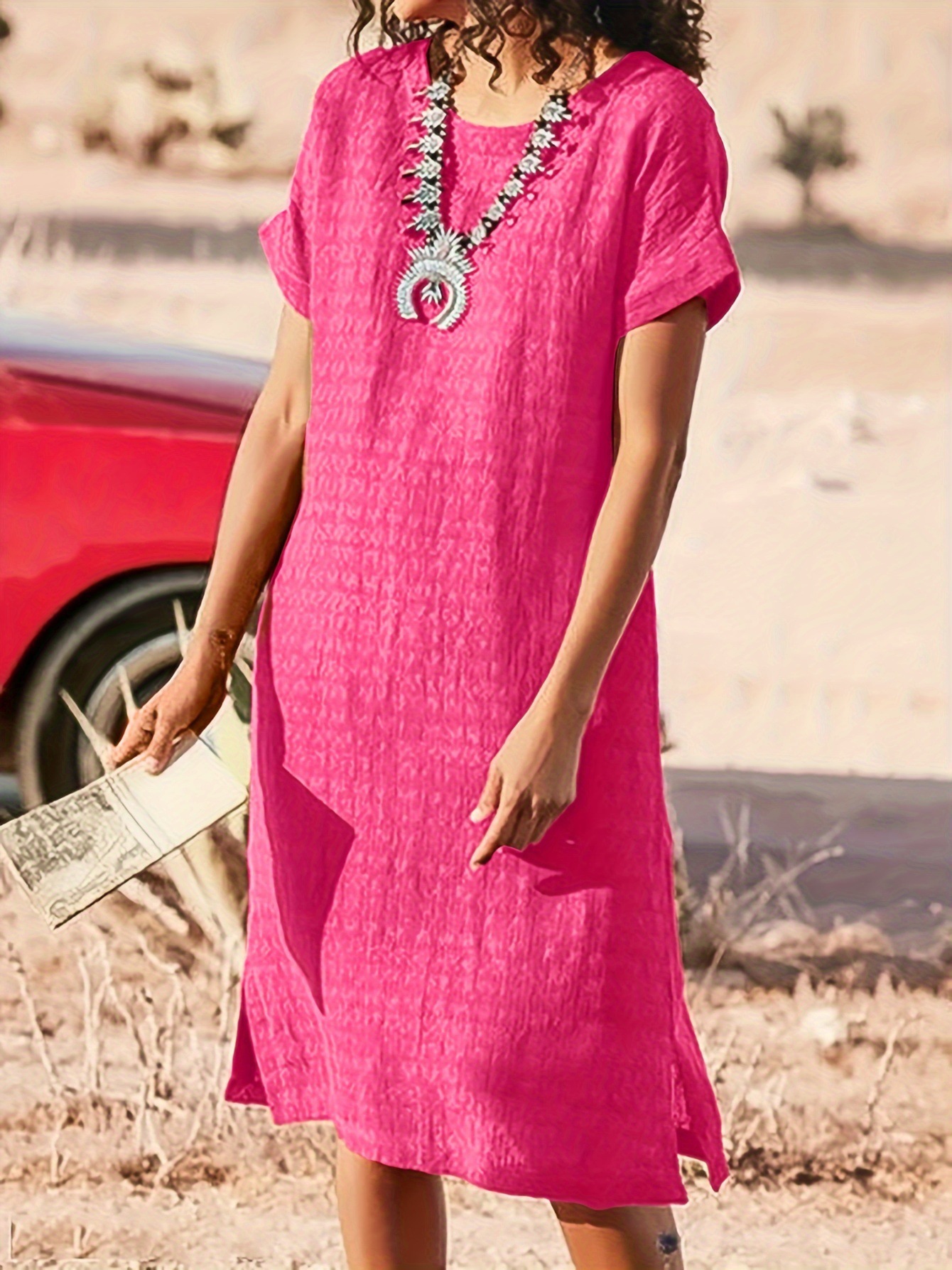 Round Neck Short Sleeve Split Fold Split Dress Rose Red - Shop at LoveMi