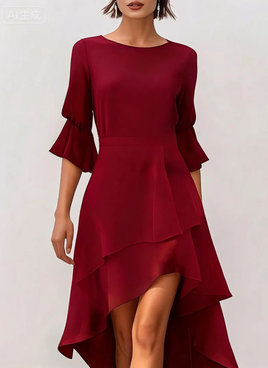 Womens Three Quarter Sleeve Irregular Dress With Ruffled Hem