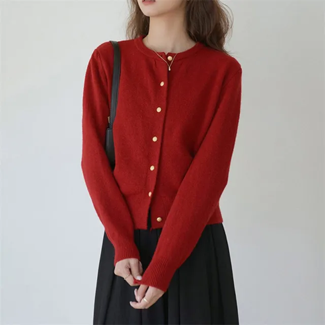 Retro Gentle Style Small Golden Button Knitwear Women's Coat Red - Shop at LoveMi