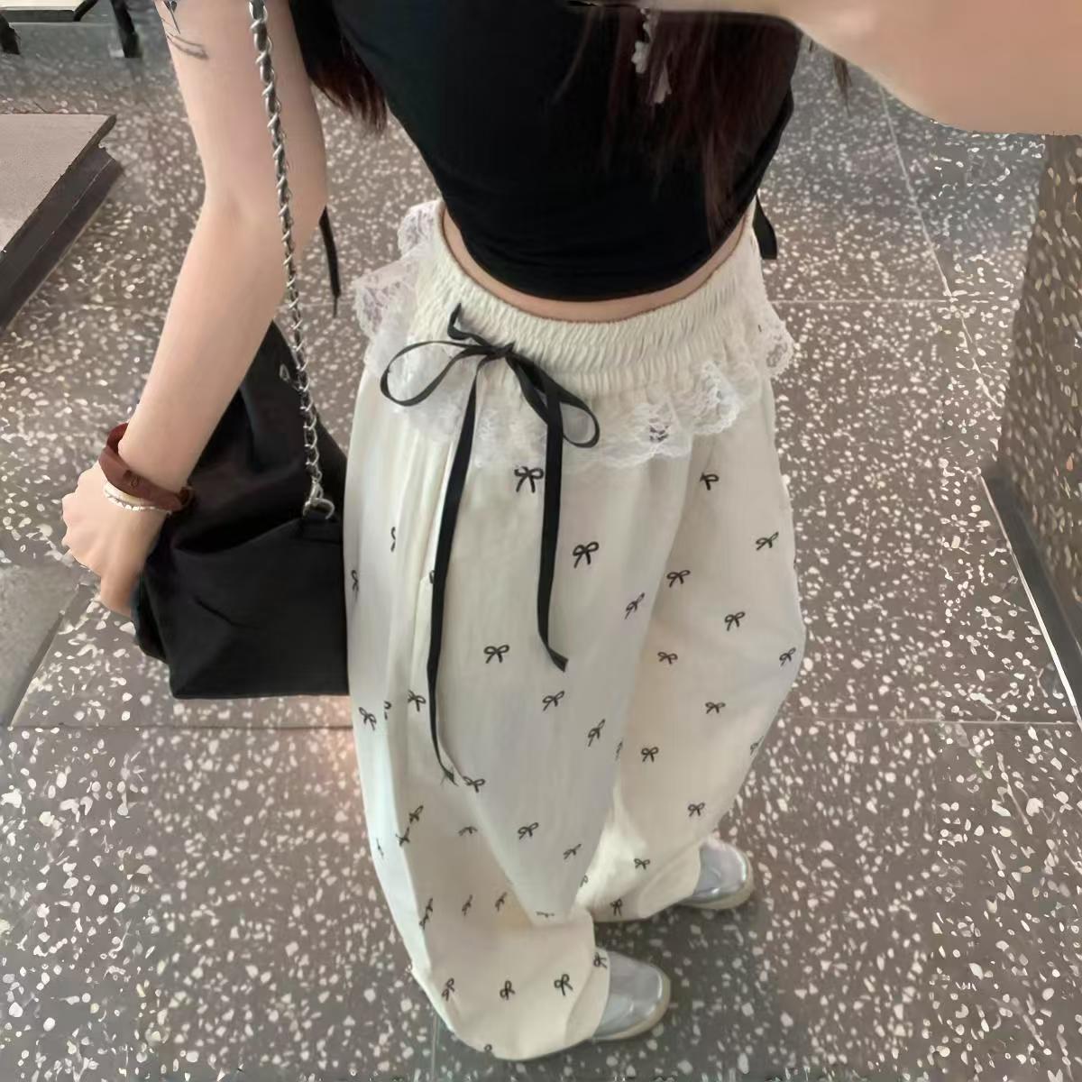 Bow-knot Lace-Patch Wide-leg Casual Pants For Women
