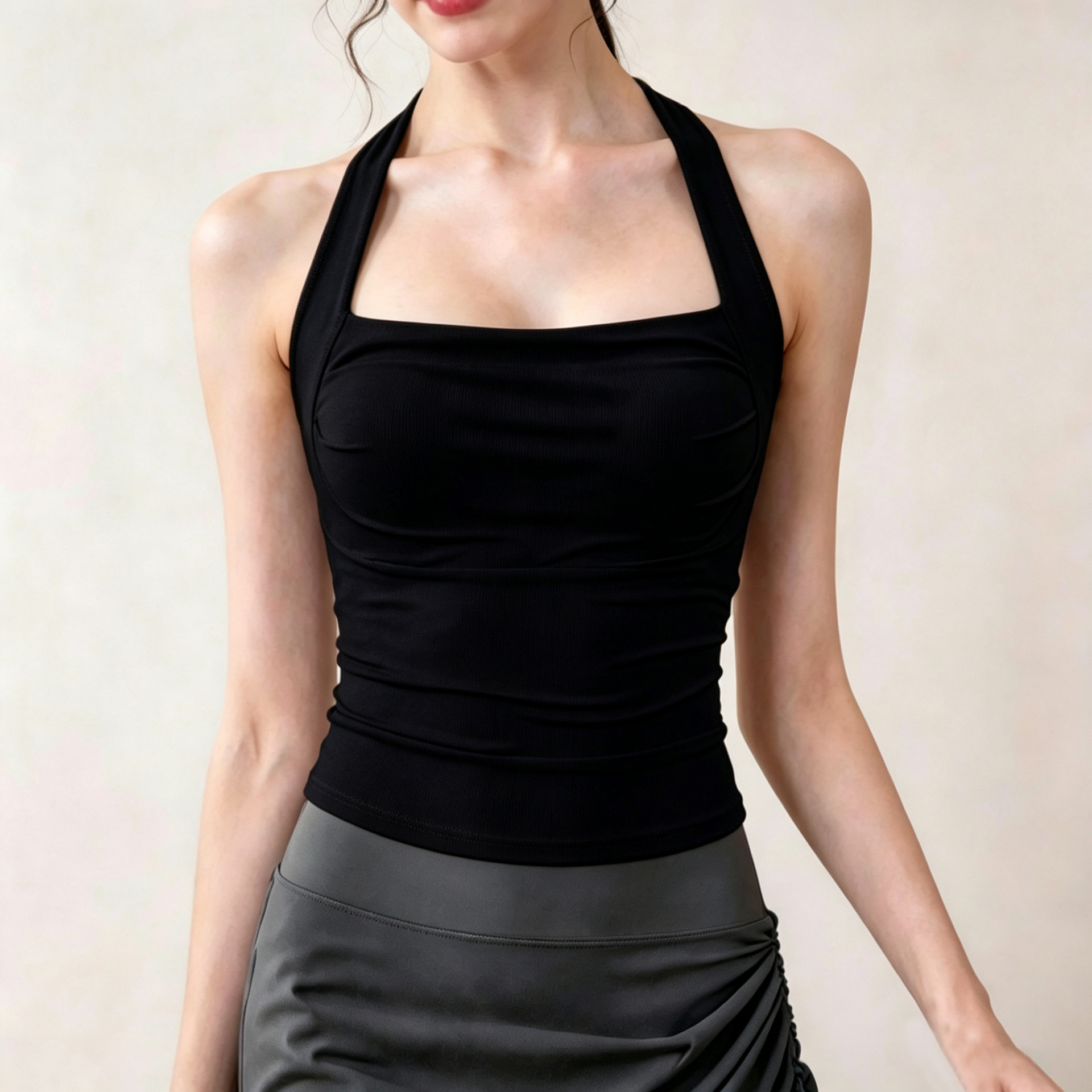 Womens Cold-Shoulder Pleated Backless Yoga Tank Top