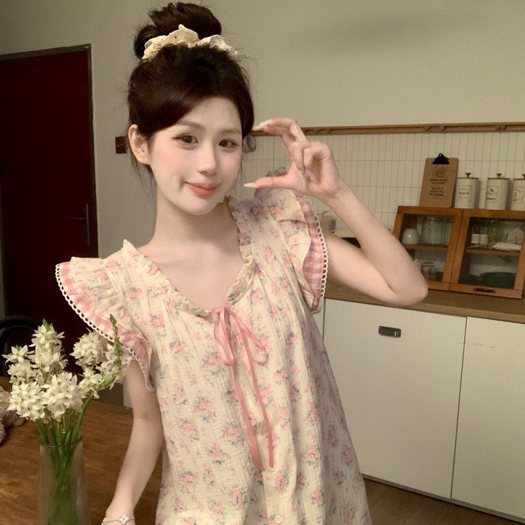 Floral Double-layer Cotton Nightdress For Women Summer Pure Cotton