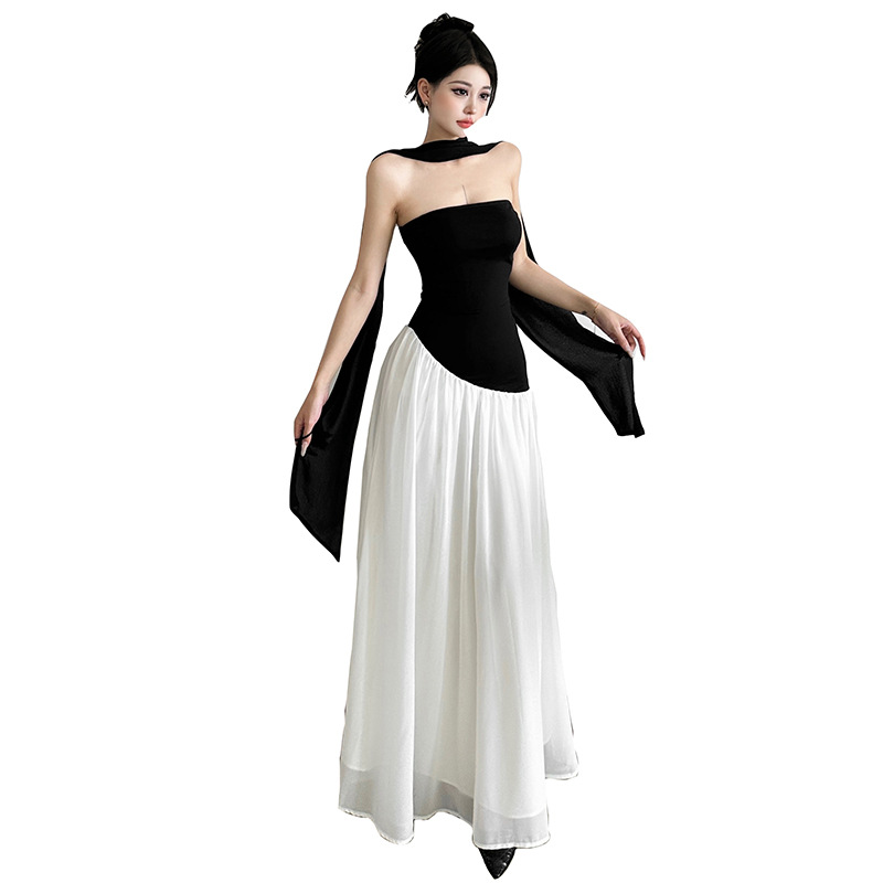 Women's Design Sense Fake Two-piece Contrast Color Scarf Dress