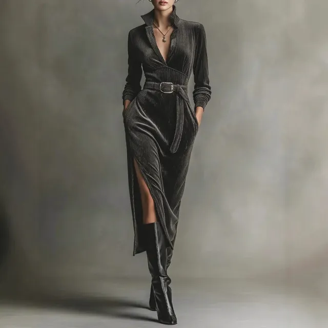 V neck High Waist Solid Color Tie Slit Dress Black - Shop at LoveMi