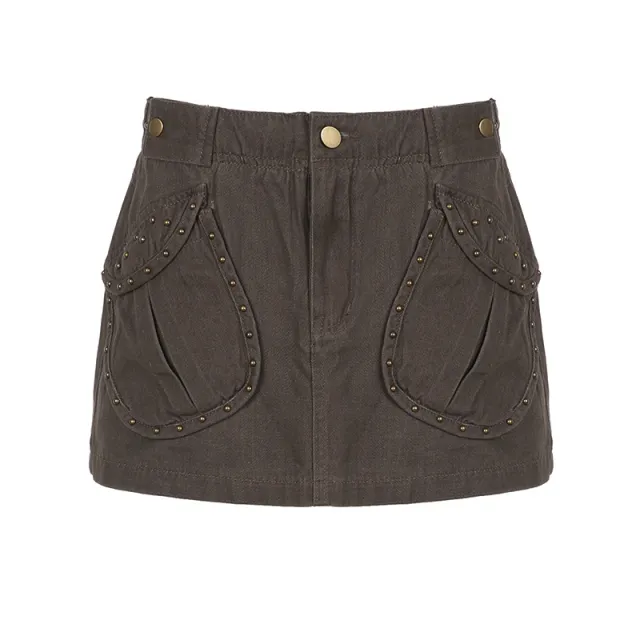 American Retro Rivet Pocket Denim Skirt Gray - Shop at LoveMi