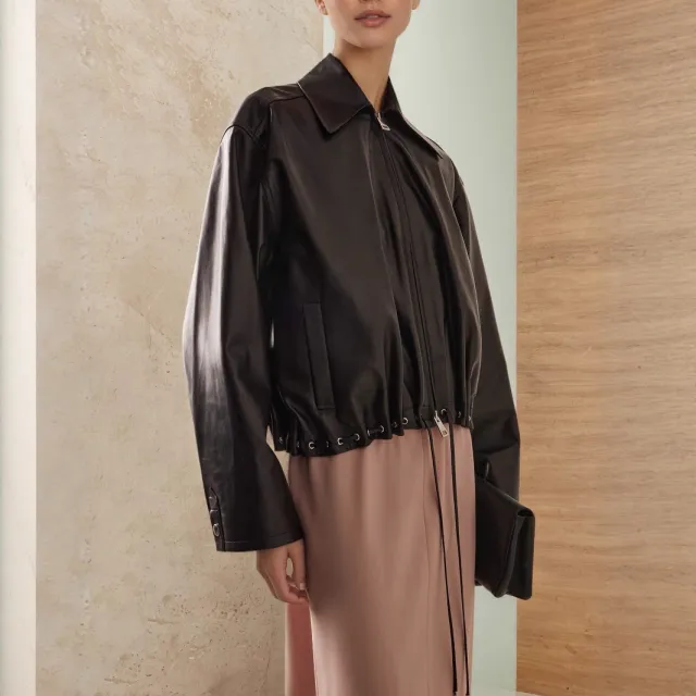 Fashionable Polo Collar Glossy Leather Loose Design Fashionable Coat Black - Shop at LoveMi