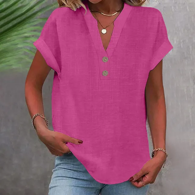 Stand Collar Button Short Sleeve Women's Shirt Rose Red - Shop at LoveMi