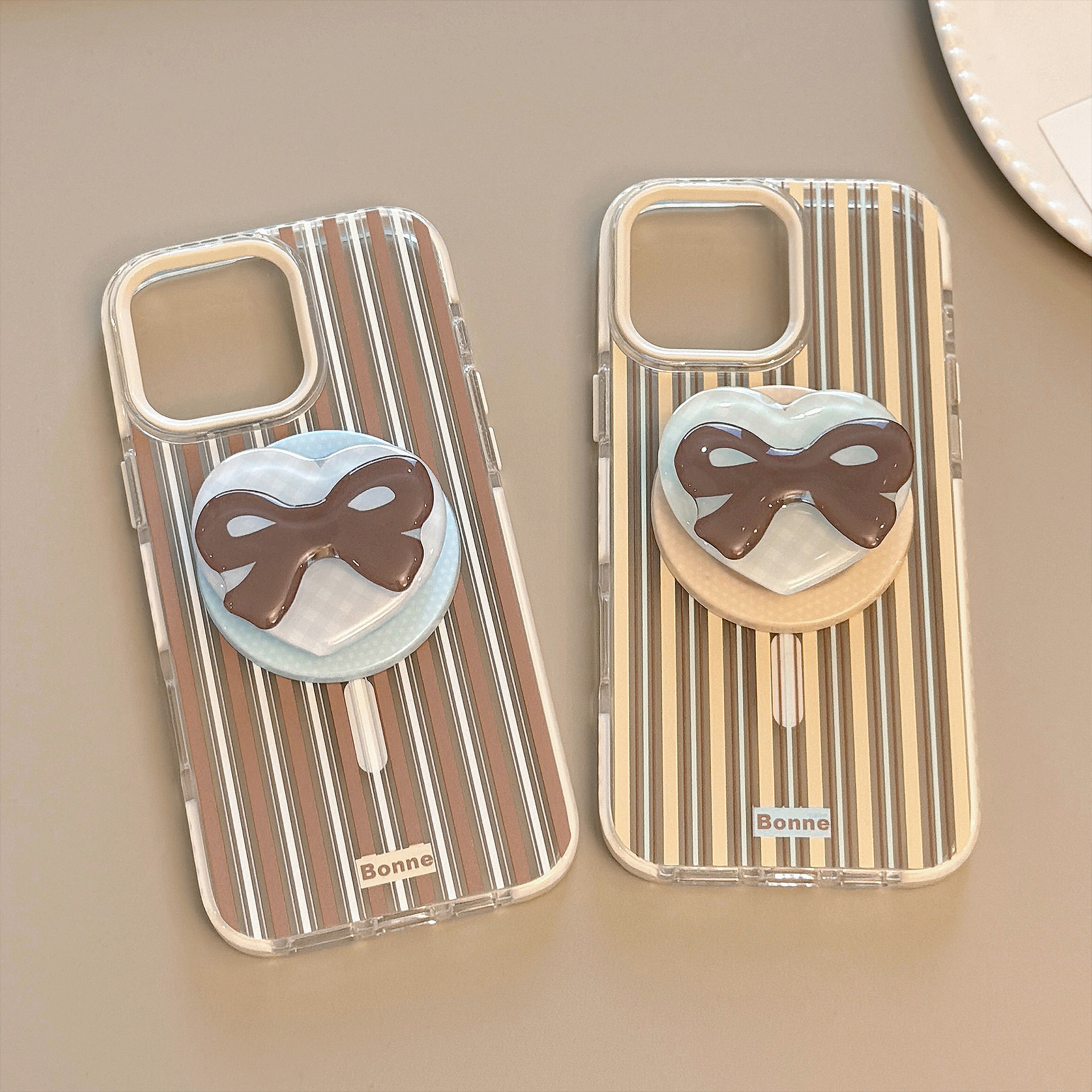 Striped Magnetic Transparent Phone Case With Rotating Bowknot Stand