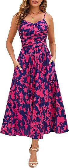 Elegant Pleated Floral Pocket Dress For Women Dark Pink - Shop at LoveMi