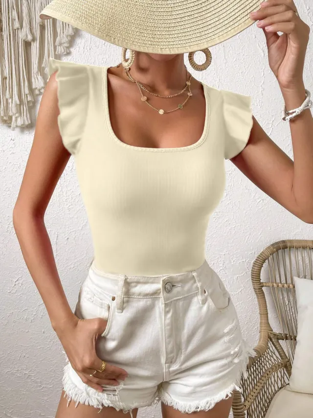 Square Neck Slim Fit T shirt Knitted For Slimming Effect Apricot - Shop at LoveMi