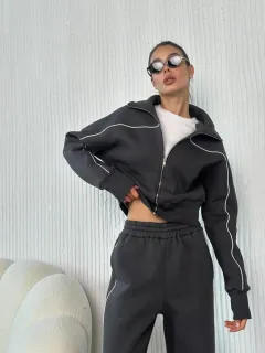 Casual Set Long Sleeve Zip-front Cardigan Loose Striped Sweatshirt Elastic Wide-leg Pants Two-piece Set - Grey - View 1