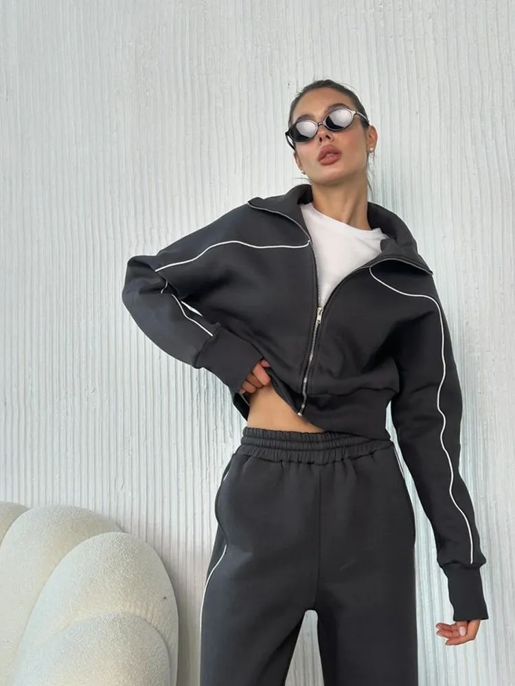 Casual Set Long Sleeve Zip-front Cardigan Loose Striped Sweatshirt Elastic Wide-leg Pants Two-piece Set - Gray