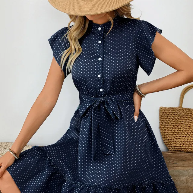 Elegant Polka Dot Ruffle Sleeve A Line Skirt Dark Blue - Shop at LoveMi