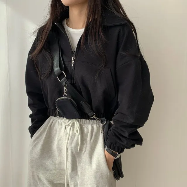 Student Loose Solid Color Zipper Cardigan Sweater Female Black - Shop at LoveMi